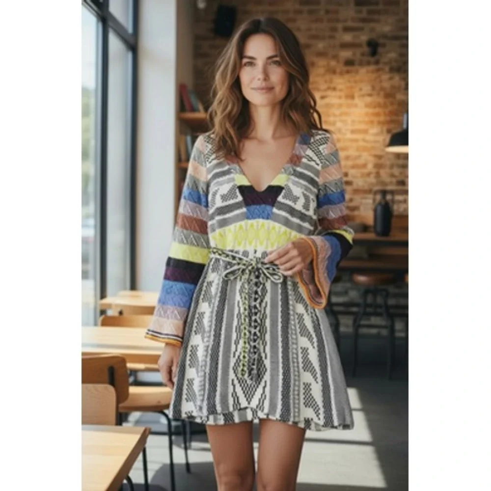 Free People Sweater Dress Womens Medium Multicolor Boho Bell Sleeve Mini V Neck - Picture 1 of 11